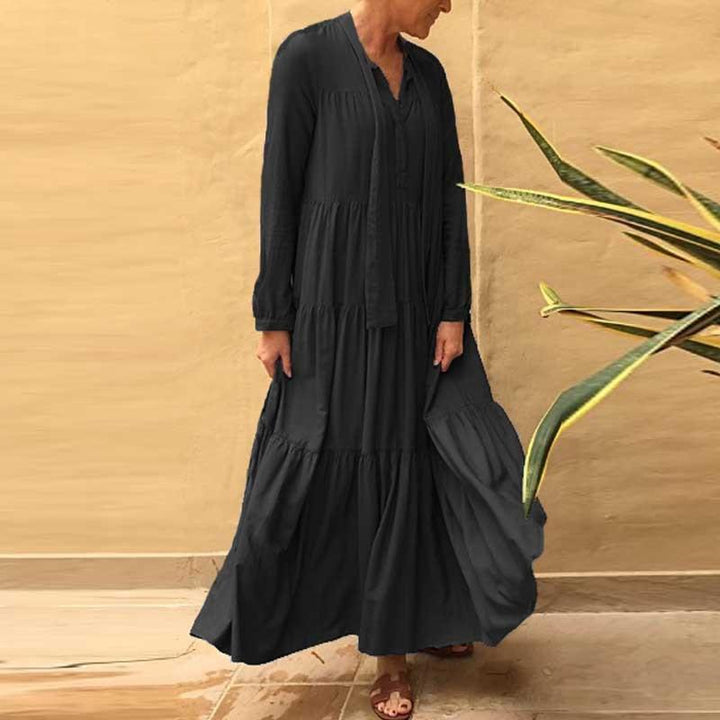 Plus Size Long Sleeve Maxi Dress - Tie Front Tiered Dress - MomyMall BLACK / S