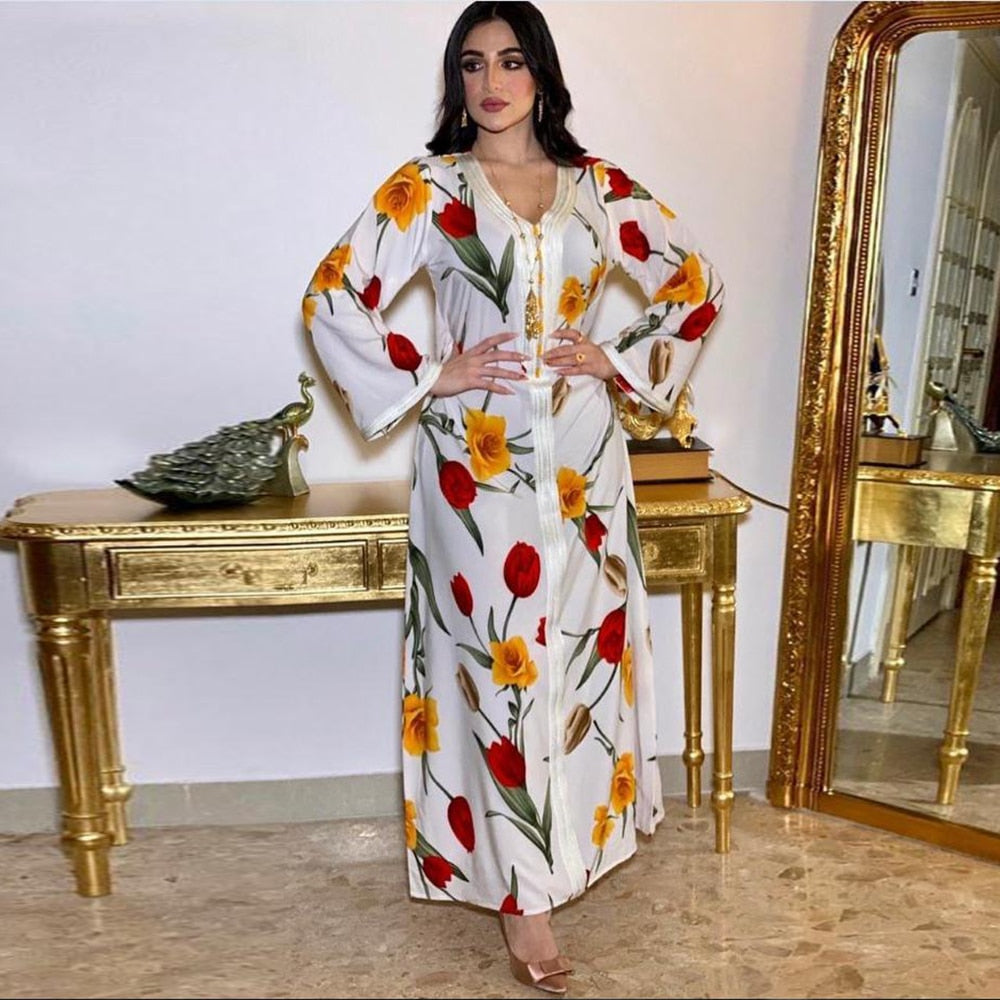 Dresses White Floral Print Arabic Clothes - MomyMall