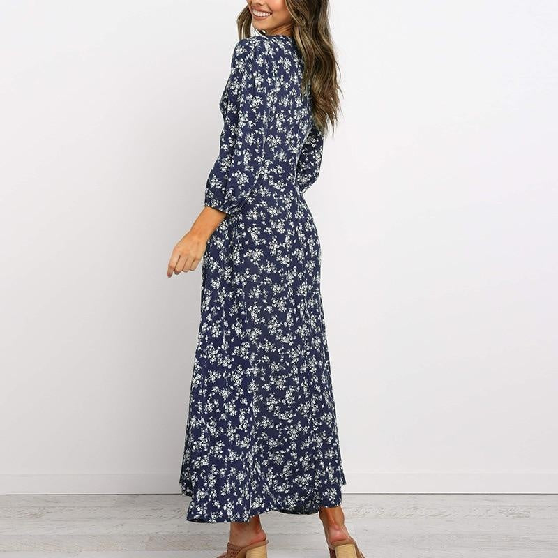 Floral Lantern Sleeve V-Neck Chiffon Midi Dress - MomyMall