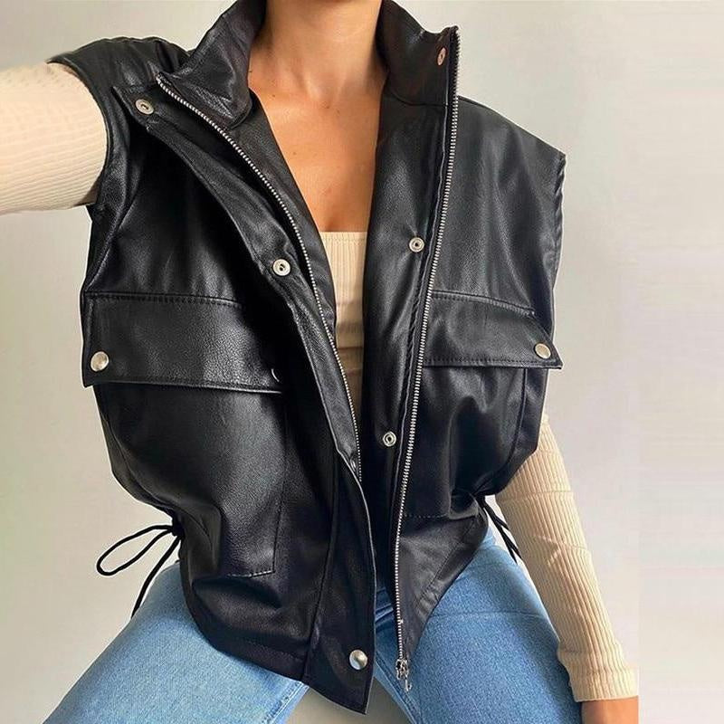 Faux Leather Sleeveless Biker Jacket - Faux Leather Gilet