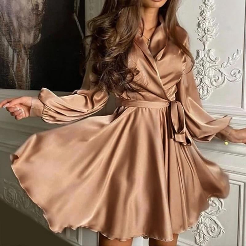 Plus Size V-Neck Satin Swing Dress With Belt - Lantern Sleeve Dress