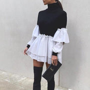 Turtleneck Contrast Puff Sleeve Rib Knit Mini Dress - MomyMall BLACK / S