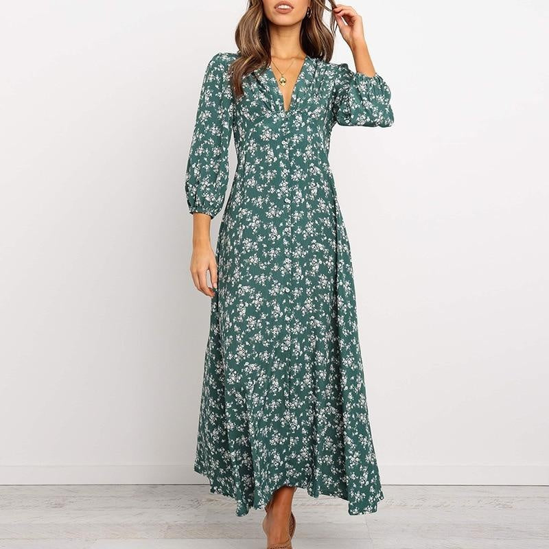 Floral Lantern Sleeve V-Neck Chiffon Midi Dress - MomyMall