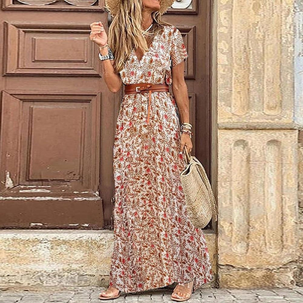 Short Sleeve Paisley Print Belted Maxi Dress With Belt & Side Split