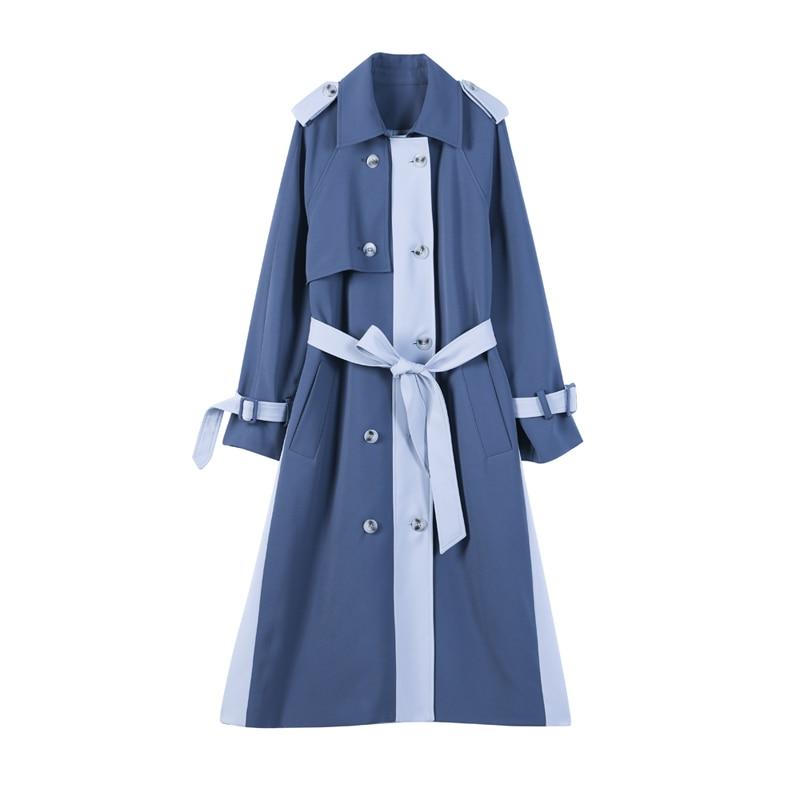 Belted Contrast Double-Breasted Long Trench Coat