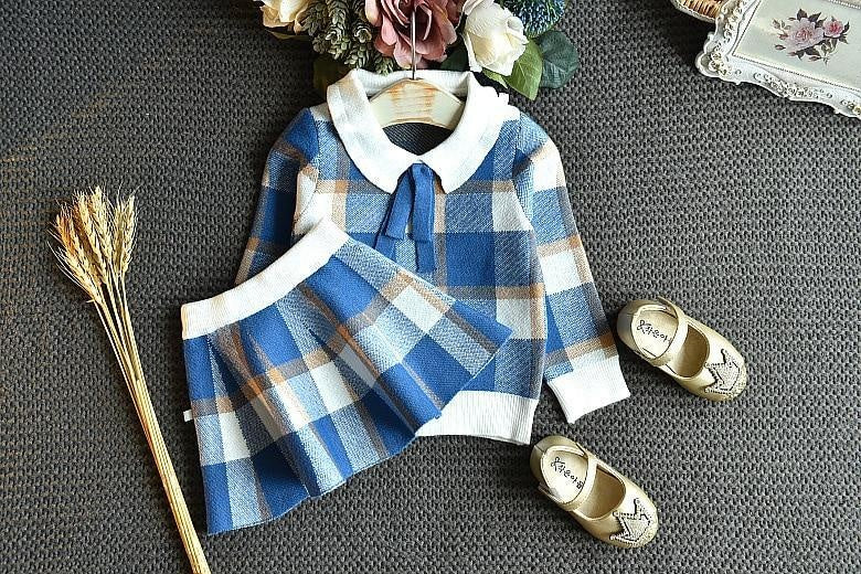 Girl Baby Knitting Clothing Set Winter Fashion Plaid Sweaters+Skirt 2 Pcs - MomyMall