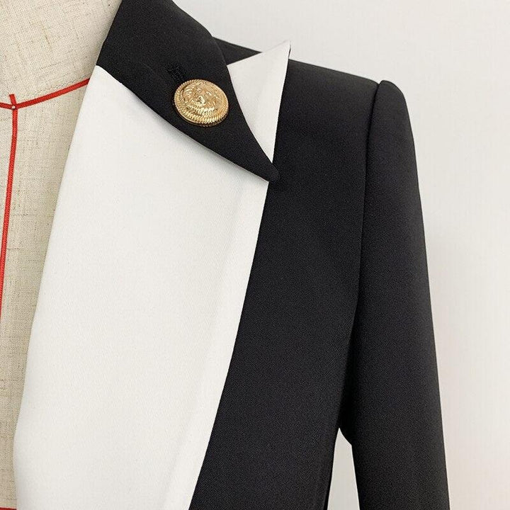 Black + White Collar Button Blazer - MomyMall