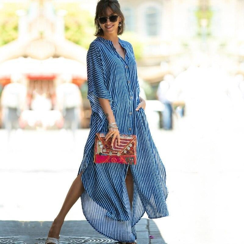 Striped Button Up Split Kaftan Maxi Dress - MomyMall