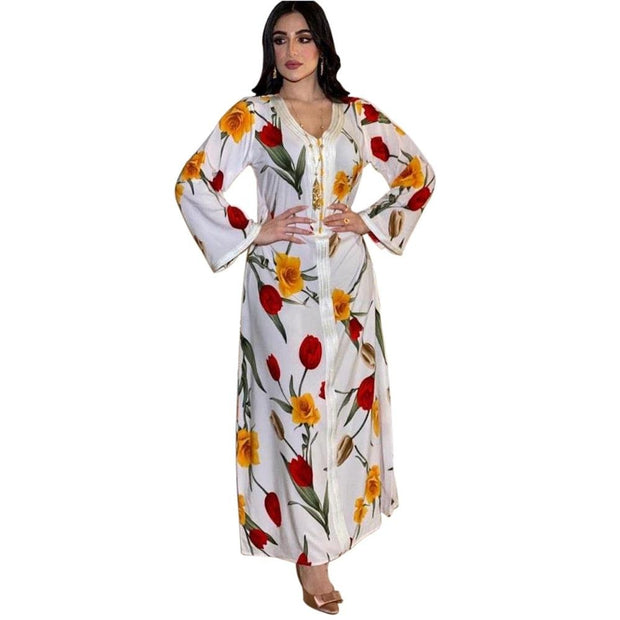 Dresses White Floral Print Arabic Clothes - MomyMall