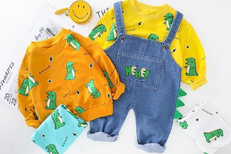 Boys Clothes Sets Dinosaur Printed Top + Denim Overalls 2Pcs Suits for 1-4 Years - MomyMall