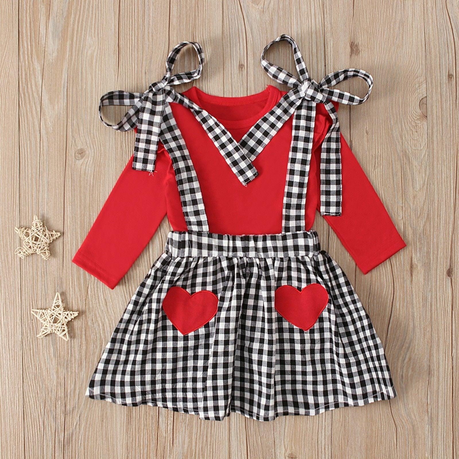 Baby Girls Valentine Ruffle Tops+Suspender Heart Plaid Skirts 2pcs - MomyMall