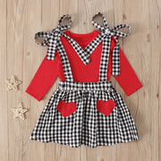 Baby Girls Valentine Ruffle Tops+Suspender Heart Plaid Skirts 2pcs - MomyMall