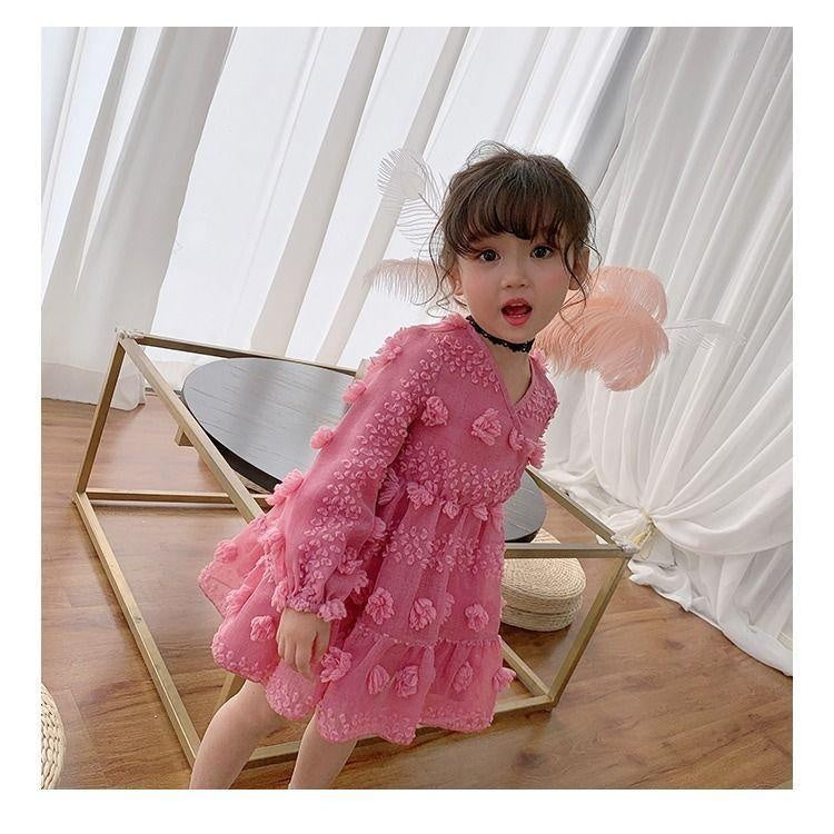 Kids Girl Rose Red V Neck Flower PrincesSolid Chiffon Dresses 3-14 Years - MomyMall