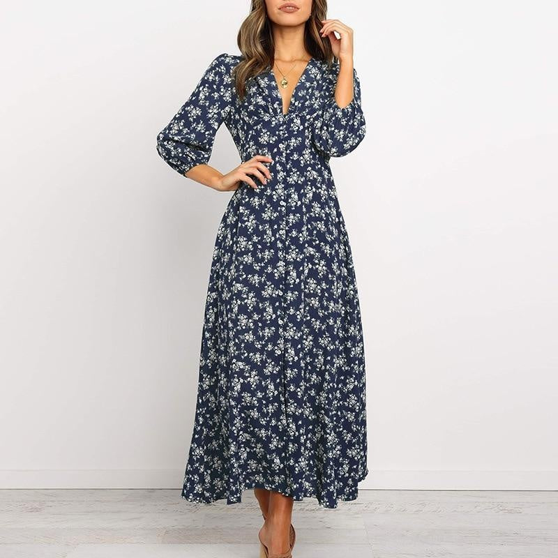 Floral Lantern Sleeve V-Neck Chiffon Midi Dress - MomyMall BLUE / S