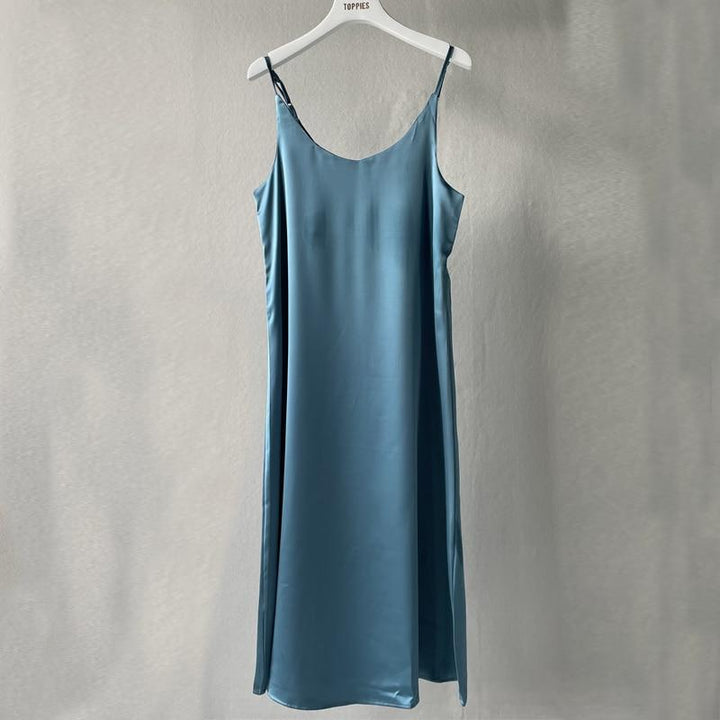 Basic Midi Satin Slip Dress - MomyMall DARK BLUE / S