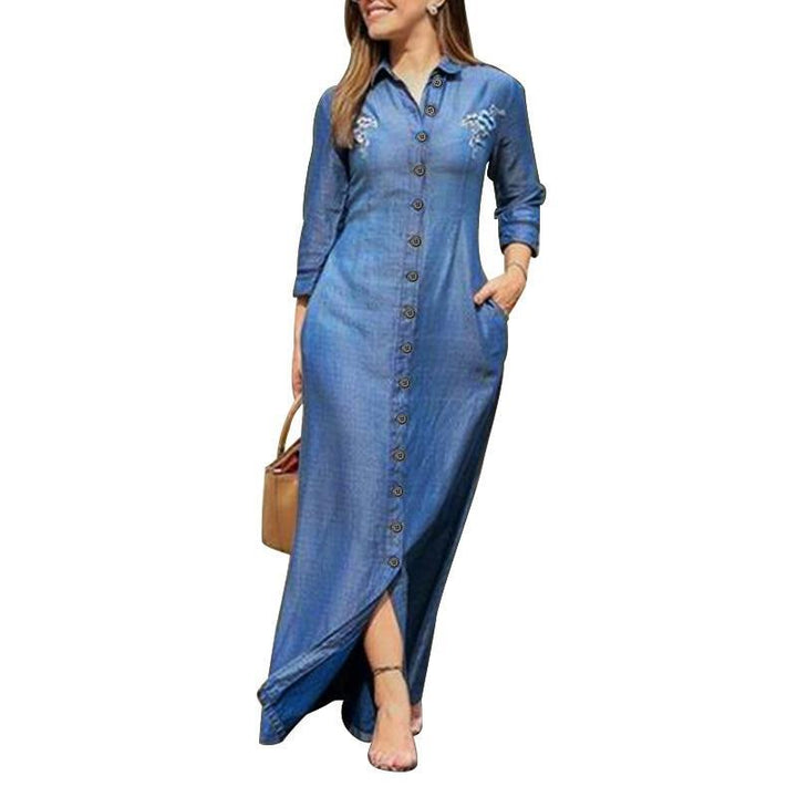 Long Sleeve Oversized Button Through Dress - Vintage Denim Shirt Dress - MomyMall LIGHT BLUE / S