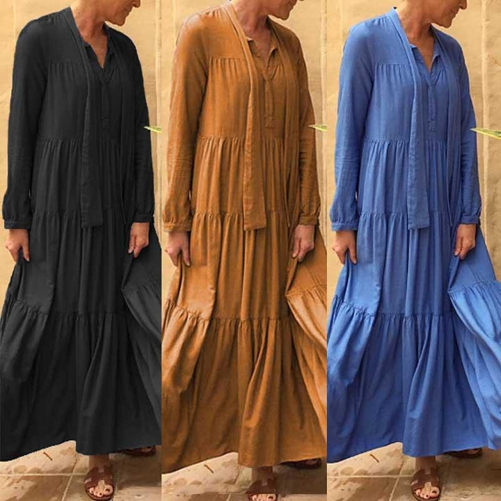 Plus Size Long Sleeve Maxi Dress - Tie Front Tiered Dress - MomyMall