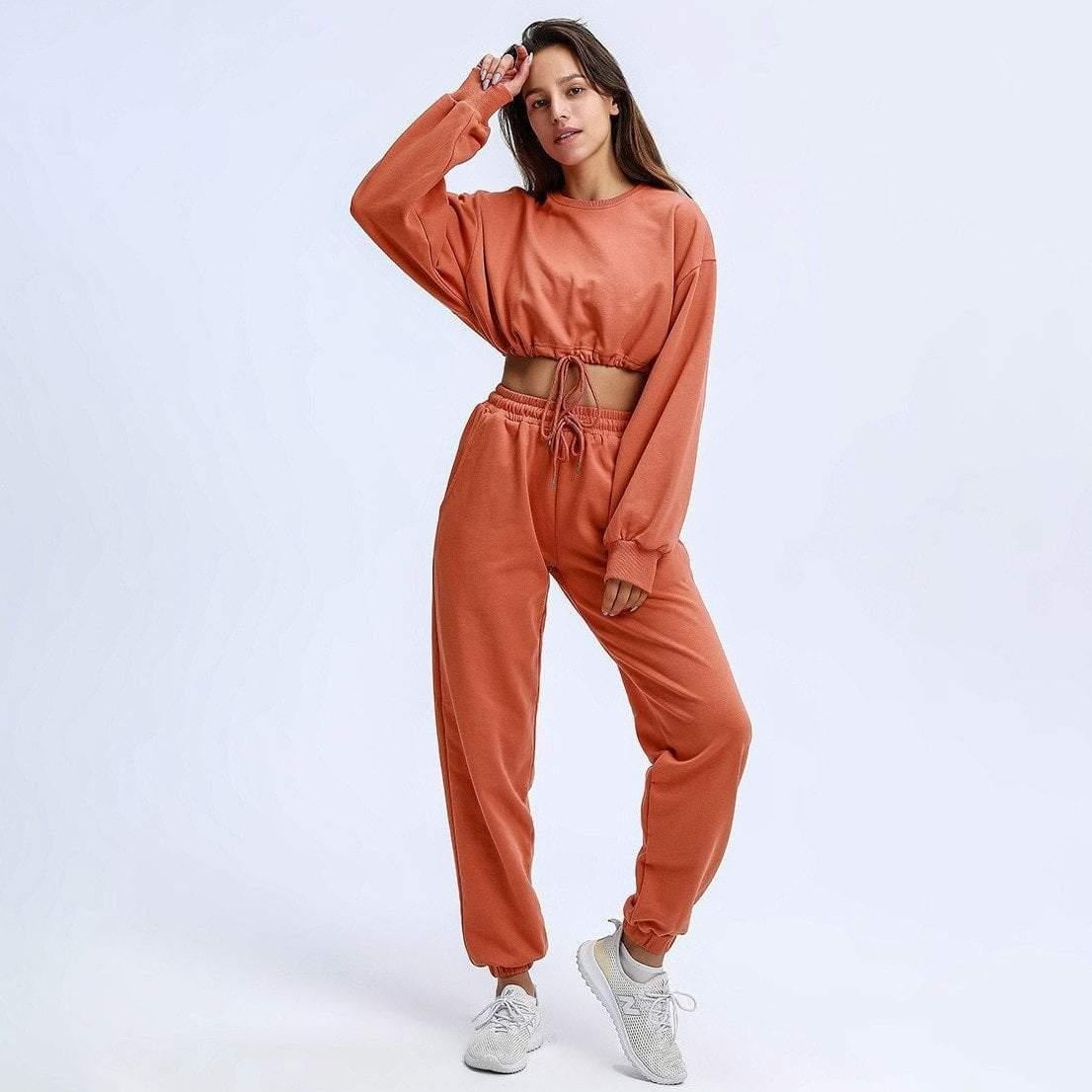 Long Sleeve Drawstring Hem Crop Top & High Waist Tracksuit - Basic Oversized Co-Ord