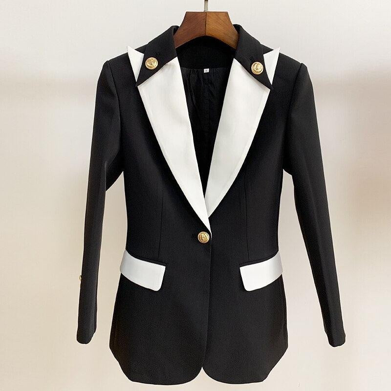 Black + White Collar Button Blazer - MomyMall