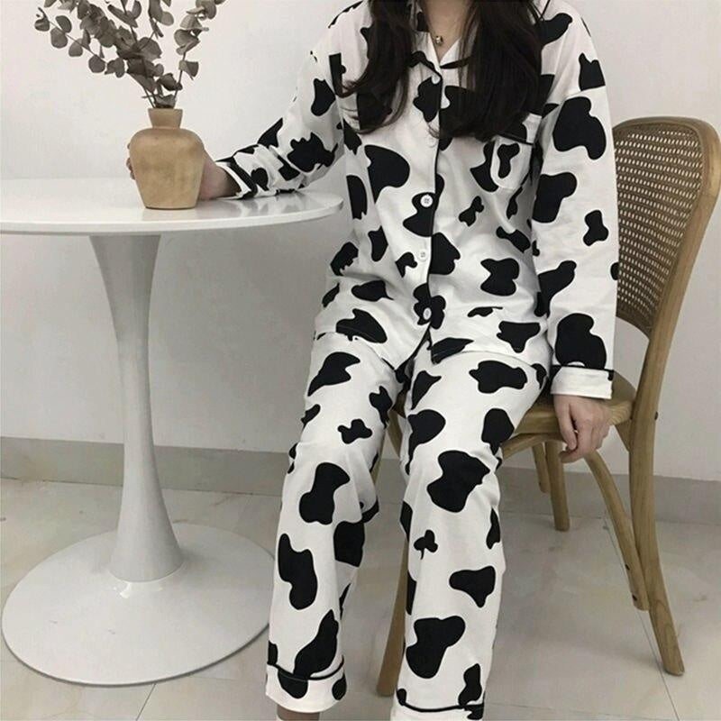 Plus Size Cow Print 2 Piece Trouser Pyjama Set - MomyMall