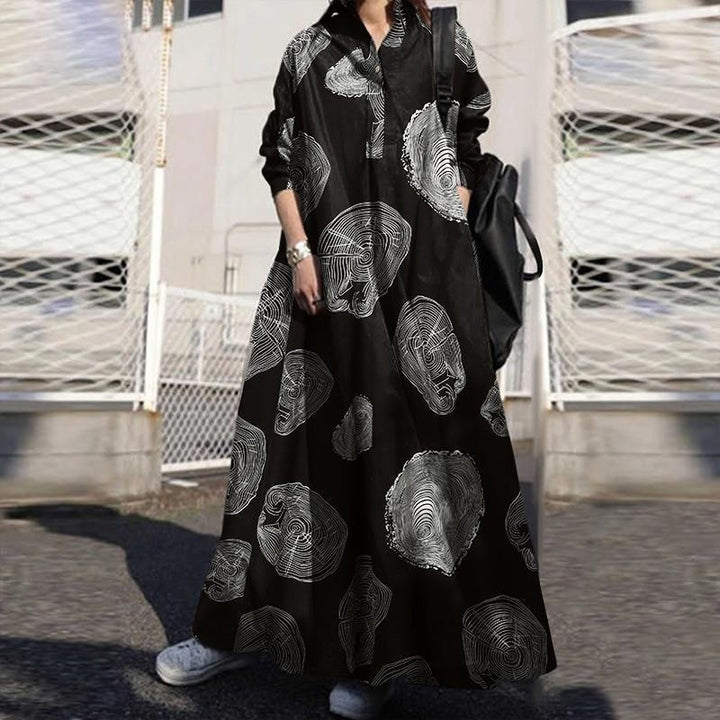 Printed Oversized Long Sleeve Maxi Shirt Dress - Plus Size Dress - MomyMall BLACK / S