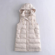 Mid-Thigh Hooded Puffer Vest - Warm Puffer Gilet