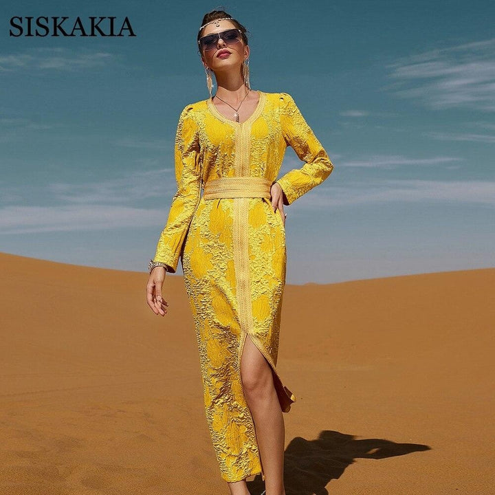 Morocco Golden Palace Style 3D Pattern V Neck Long - MomyMall Golden dress / S / China