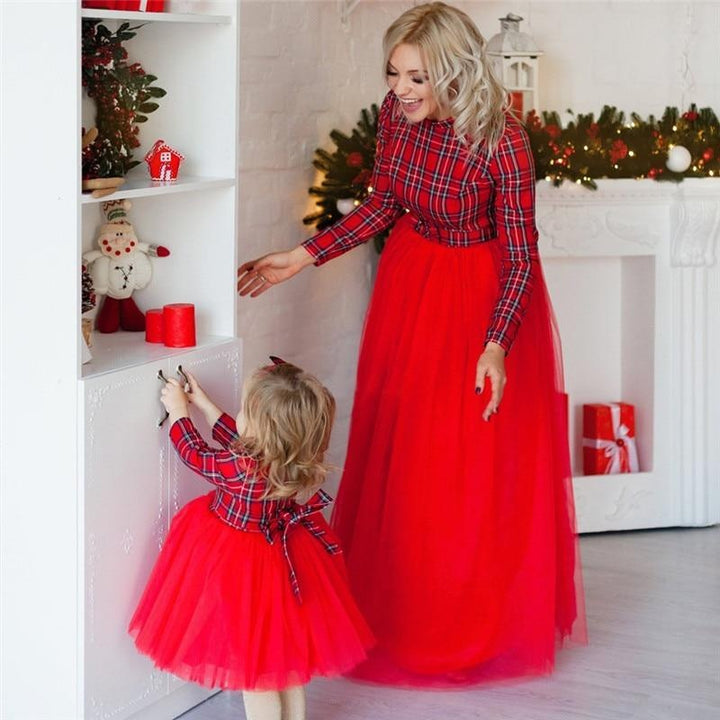 Autumn Mommy and Me Hot Bow Patchwork Tulle Dress Family Matching - MomyMall