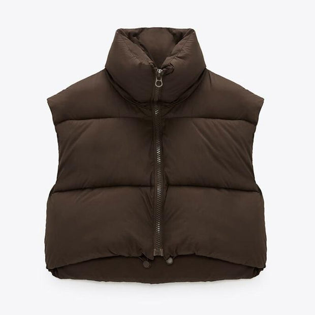 Cropped Zipper Puffer Vest With Collar