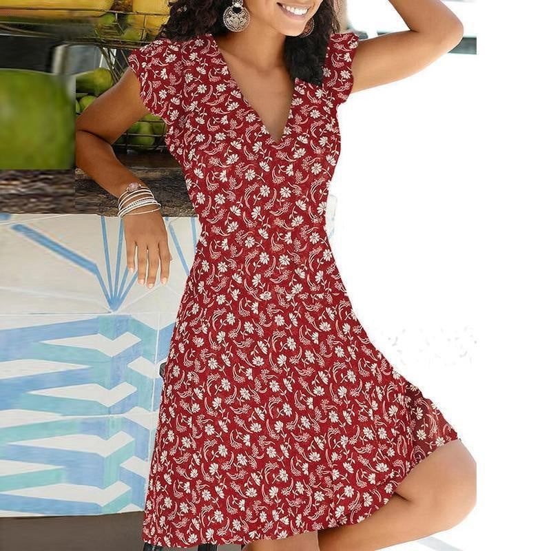 V-Neck Floral Plus Size Skater Dress - Short Sleeve Vintage Mini Dress