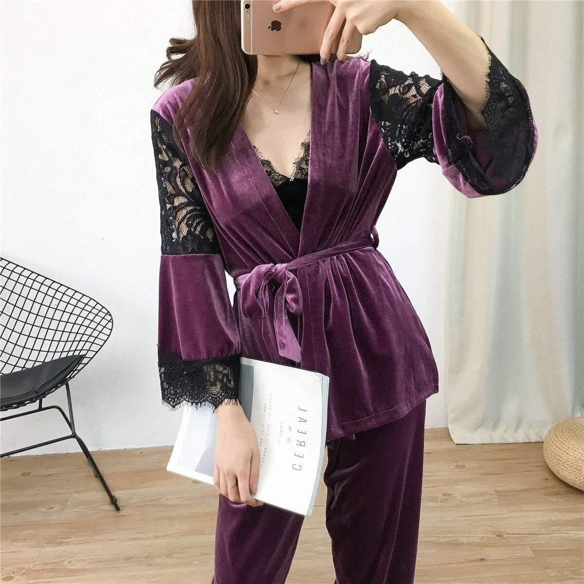 3 Piece Pyjama Set - Velvet Lace Trim With Robe - MomyMall