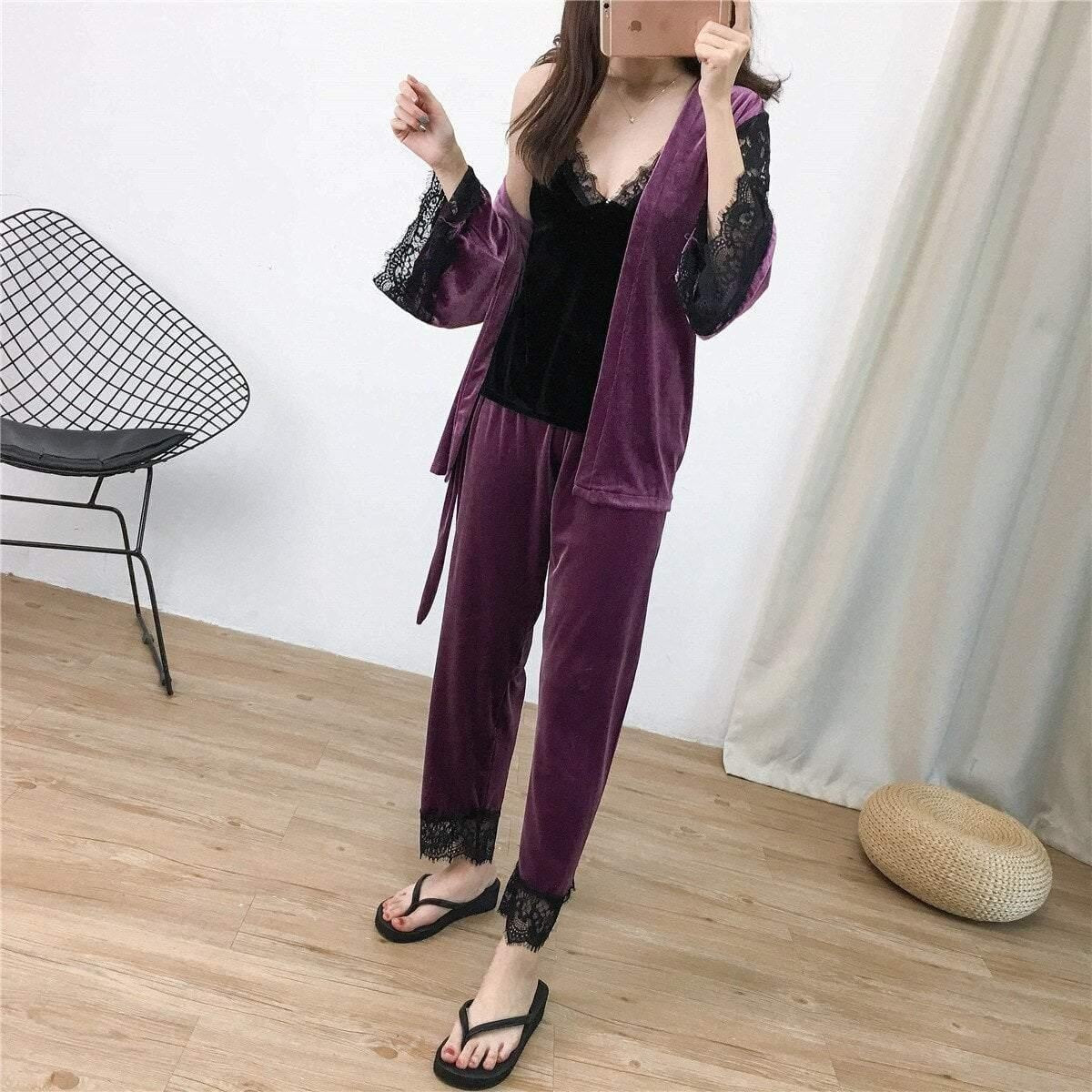 3 Piece Pyjama Set - Velvet Lace Trim With Robe - MomyMall