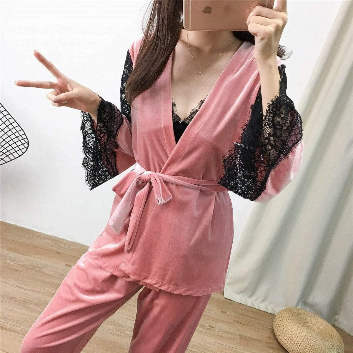 3 Piece Pyjama Set - Velvet Lace Trim With Robe - MomyMall