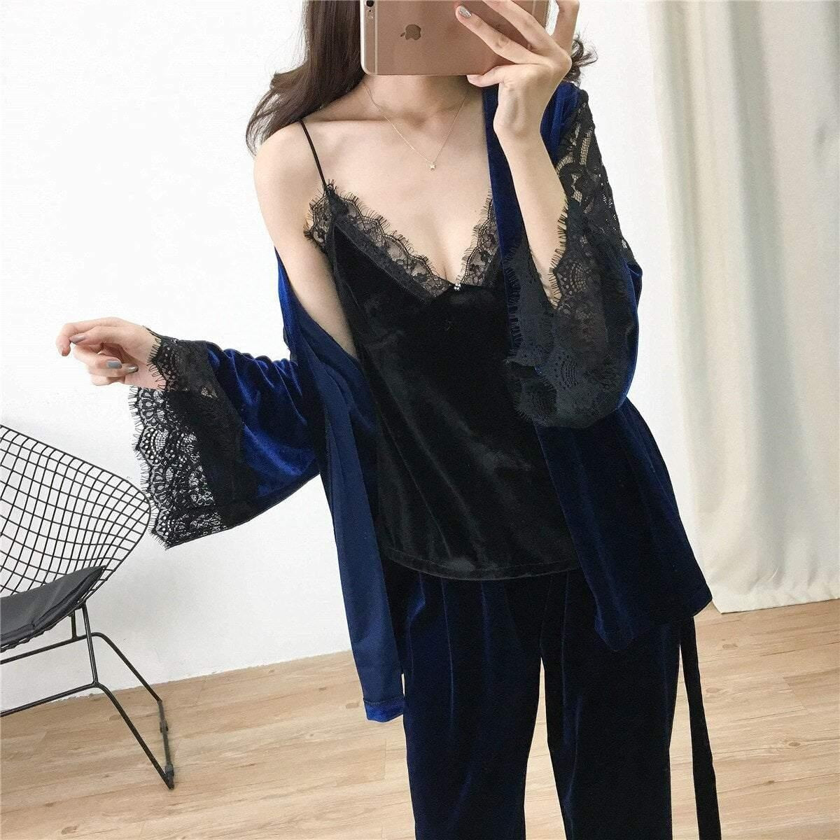 3 Piece Pyjama Set - Velvet Lace Trim With Robe - MomyMall