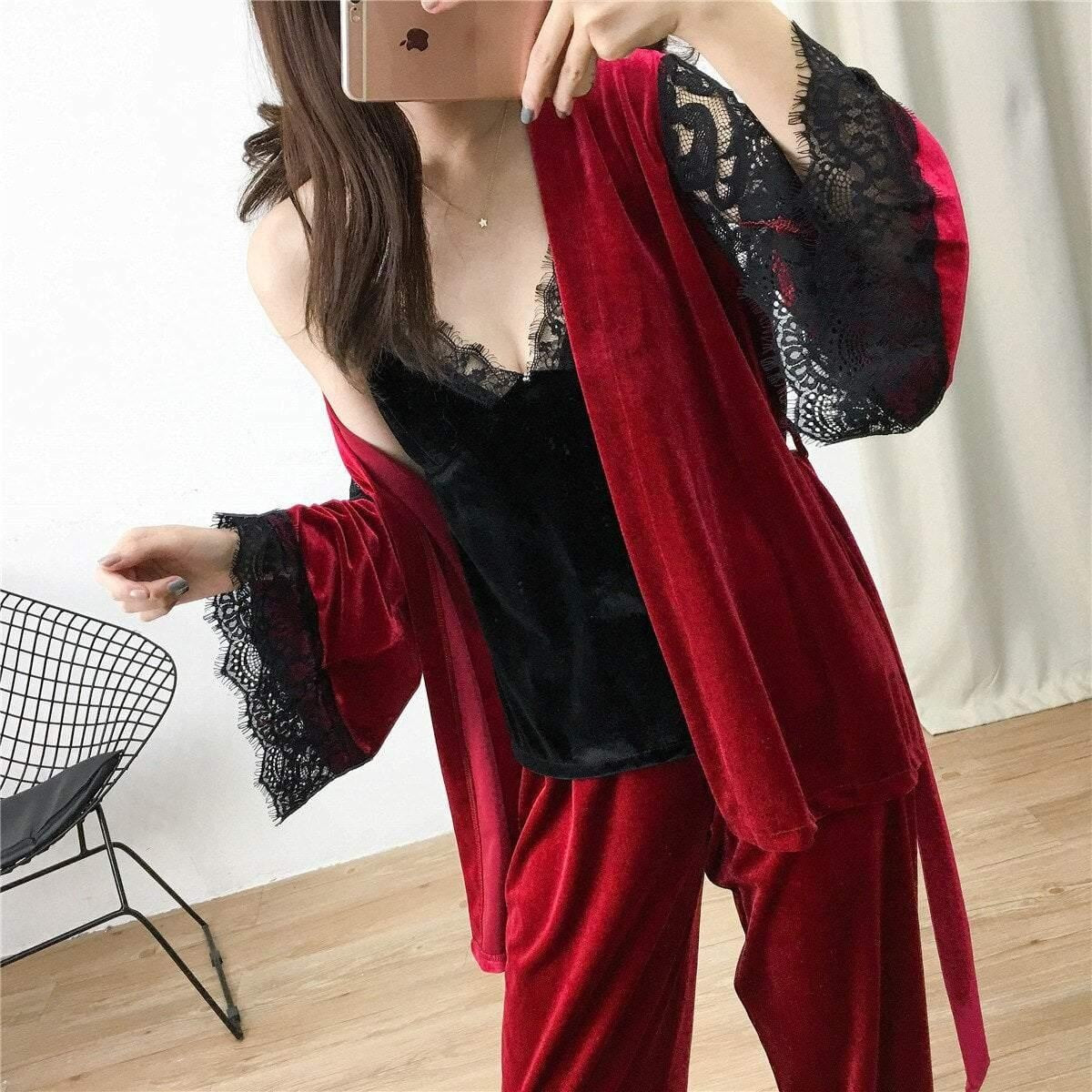 3 Piece Pyjama Set - Velvet Lace Trim With Robe - MomyMall