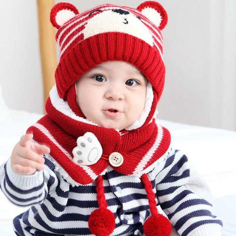 Unisex Kids Cartoon Bear Stripe Hats And Scarf Set Winter Warm Suit - MomyMall