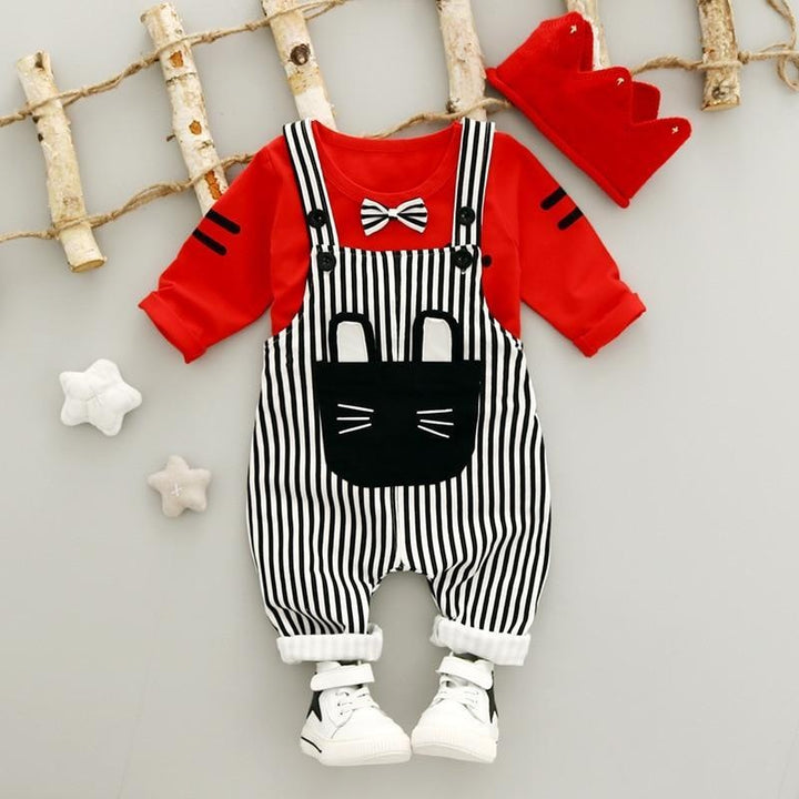 Baby Girl Set Spring Suit Long Sleeved Tops + Stripe Strap 2 Pcs - MomyMall Red / 6-12 Months