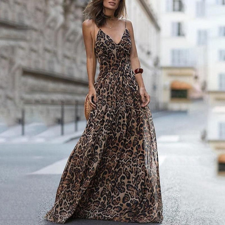 Plus Size Leopard V-Neck Chiffon Maxi Dress - MomyMall BROWN / S