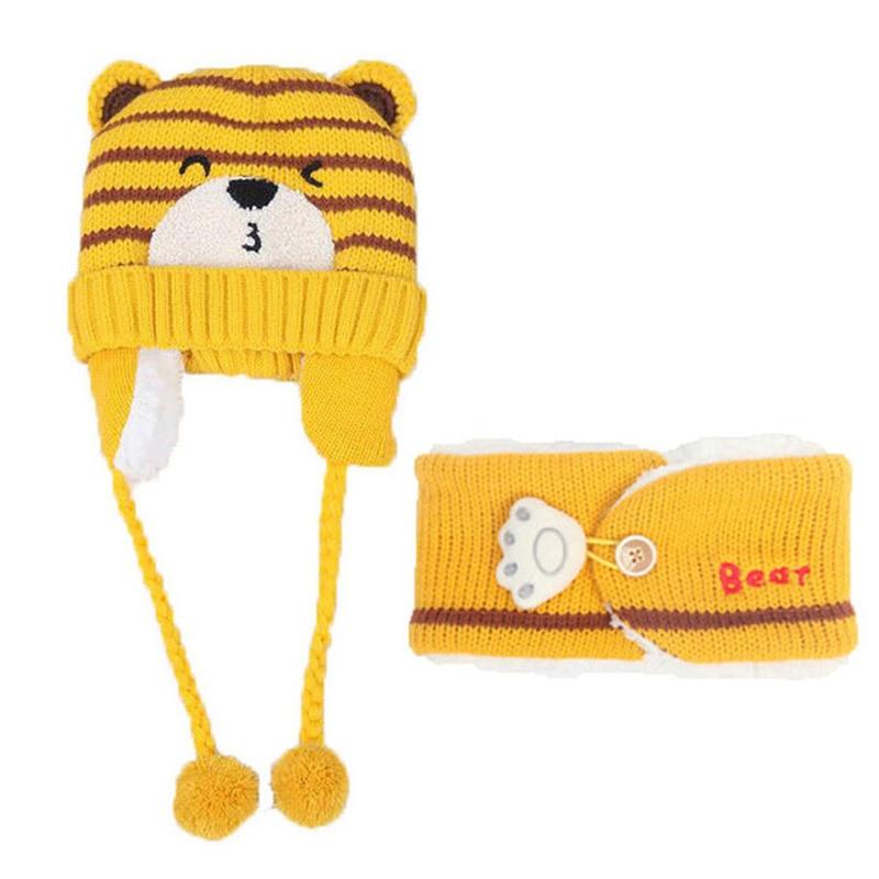 Unisex Kids Cartoon Bear Stripe Hats And Scarf Set Winter Warm Suit - MomyMall