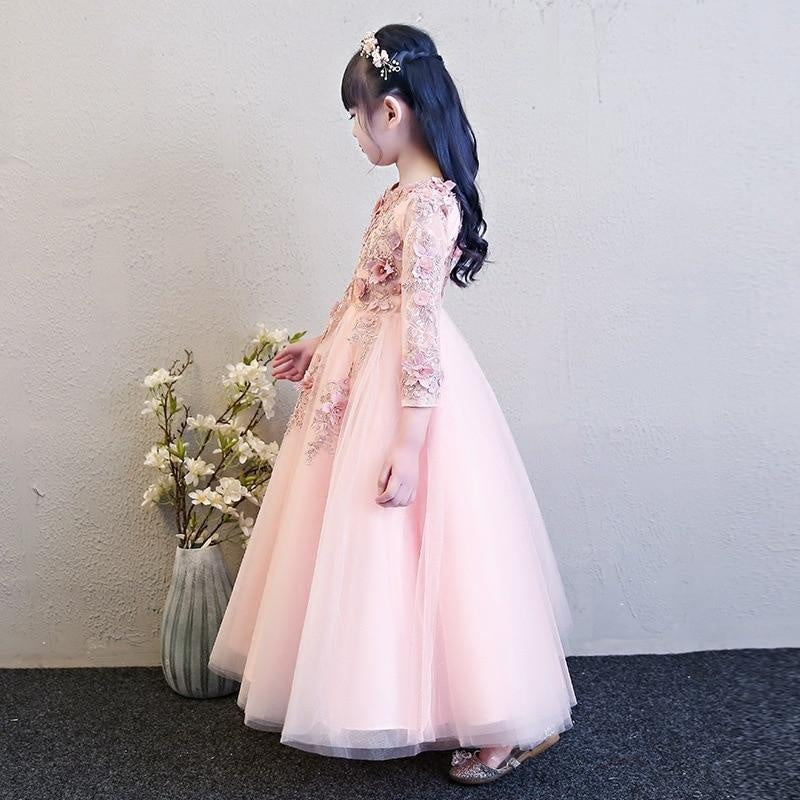 Girl Elegant Pink Tulle Flower Wedding Appliques Princess Party Prom Dress - MomyMall