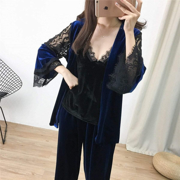 3 Piece Pyjama Set - Velvet Lace Trim With Robe - MomyMall BLUE / S