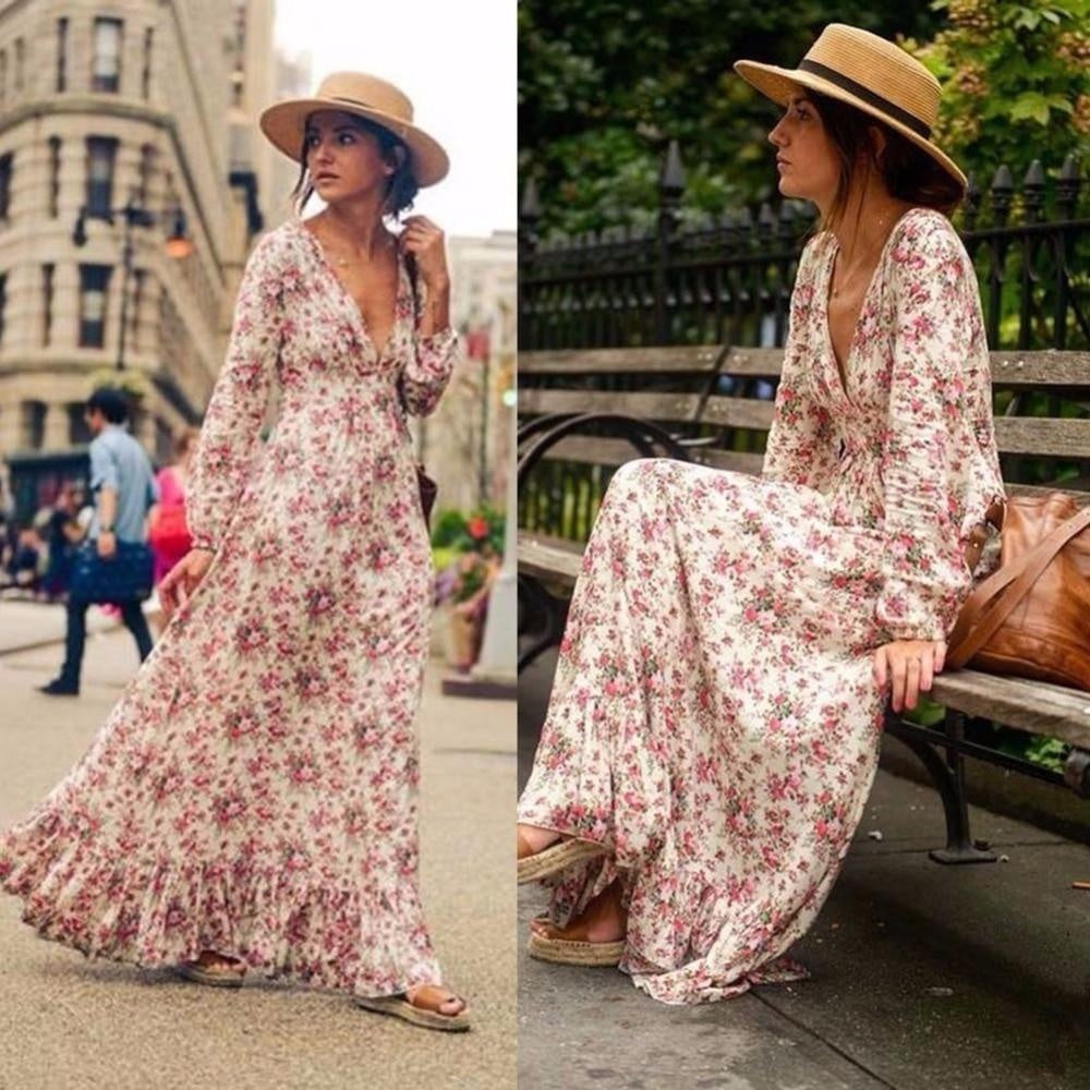 Ruffle Hem V-Neck Floral Boho Maxi Dress With Long Sleeves - MomyMall