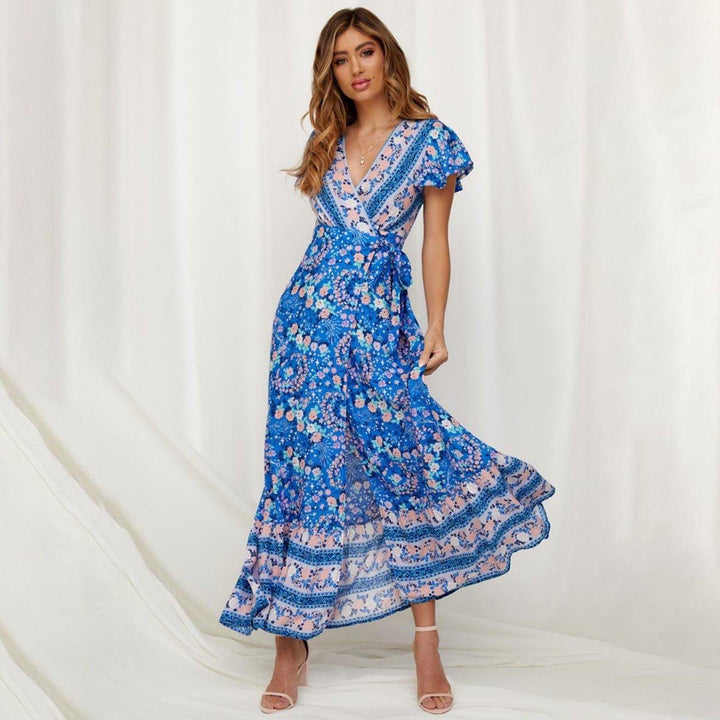 Short Sleeve Sweet Floral Print Boho Maxi Dress - V-Neck Wrap Dress - MomyMall BLUE / S