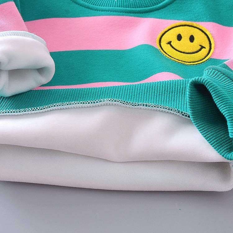 Baby Girl Boy Autumn Warm Suits Plush Stripe Smiley Face Tops+Pants 2 Pcs - MomyMall