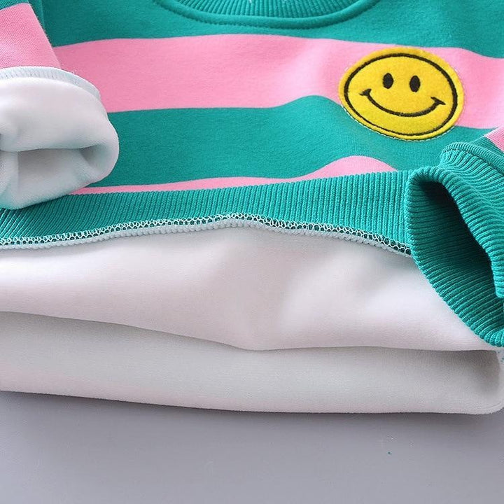 Baby Girl Boy Autumn Warm Suits Plush Stripe Smiley Face Tops+Pants 2 Pcs - MomyMall