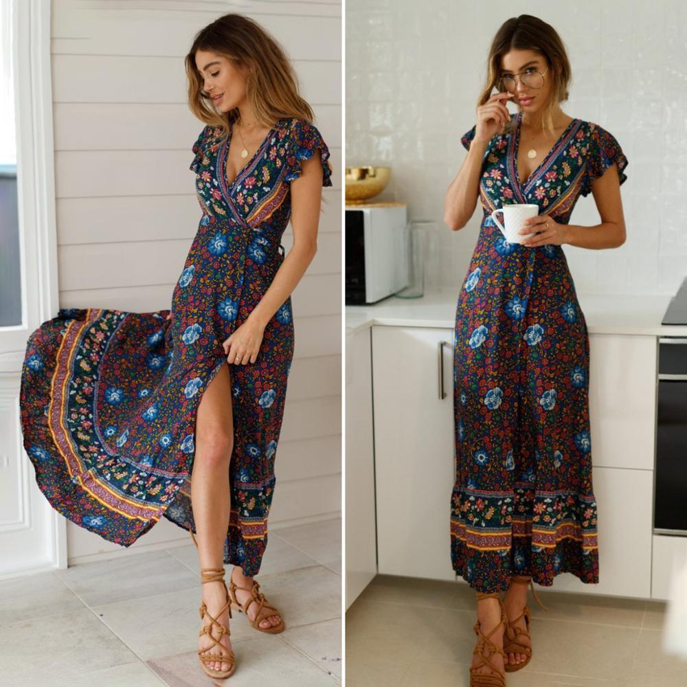 Short Sleeve Sweet Floral Print Boho Maxi Dress - V-Neck Wrap Dress - MomyMall