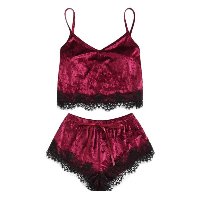 2 Piece Velvet Lace Trim Top & Shorts Sleepwear Set - MomyMall