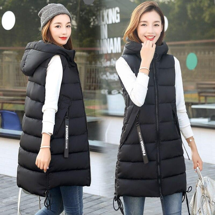 Hooded Mid-Thigh Puffer Gilet With Zip Pockets