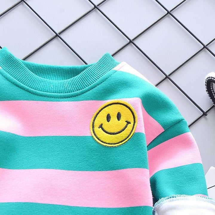 Baby Girl Boy Autumn Warm Suits Plush Stripe Smiley Face Tops+Pants 2 Pcs - MomyMall