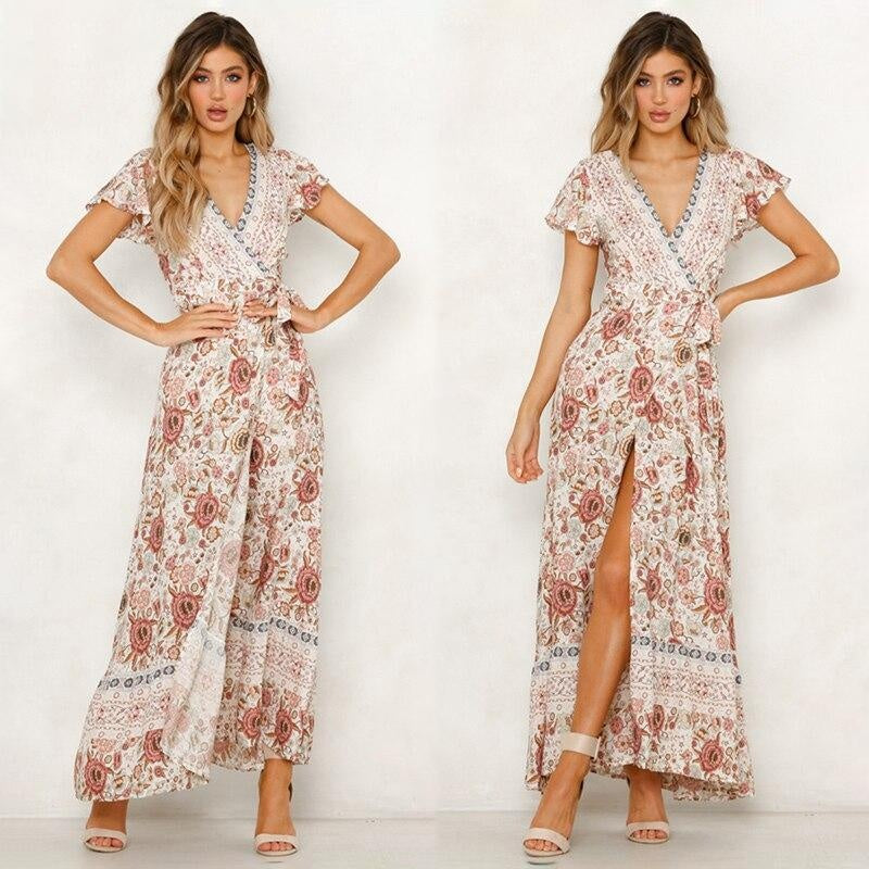 Short Sleeve Sweet Floral Print Boho Maxi Dress - V-Neck Wrap Dress - MomyMall